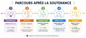 Délibération → Annonce → Corrections → Dépôt final → Diplôme — Étapes