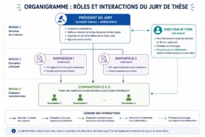 Directeur de thèse, Président du jury, Rapporteurs, Examinateurs et leurs interactions — Structure : en haut, Président du jury