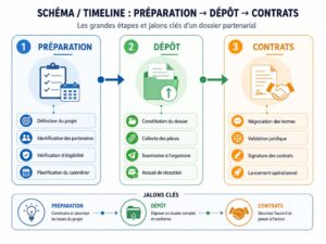 SCHÉMA / TIMELINE : 3 panneaux ""Préparation → Dépôt → Contrats"" avec jalons clés 