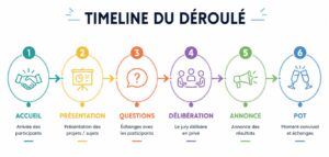 Timeline du déroulé — accueil → présentation → questions → délibération → annonce → pot