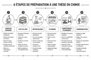 Frise chronologique des 6 étapes de préparation à une thèse en chimie