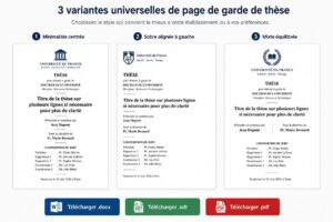 Galerie de trois vignettes représentant les variantes universelles de page de garde de thèse